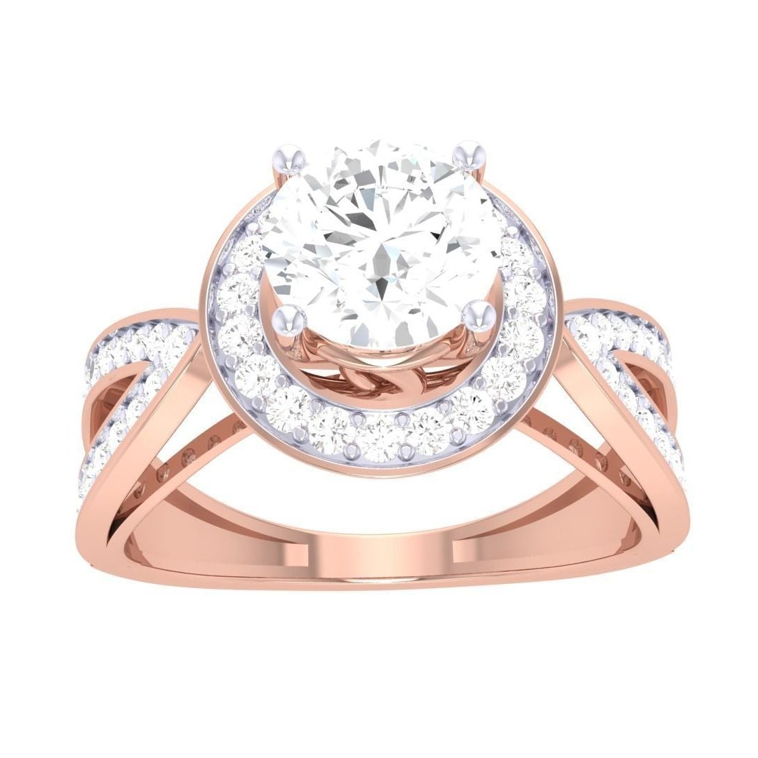 The Genevieve Diamond Solitaire Ring by Niraa features a rose gold band with an intricate crisscross pattern, enhancing the central large round diamond with smaller diamond embellishments.