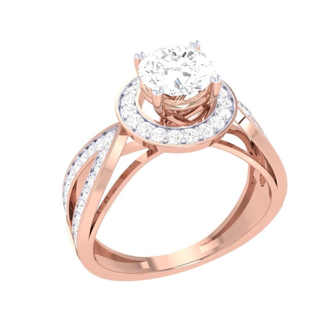 The Genevieve Diamond Solitaire Ring by Niraa features a rose gold band with an intricate crisscross pattern, enhancing the central large round diamond with smaller diamond embellishments.