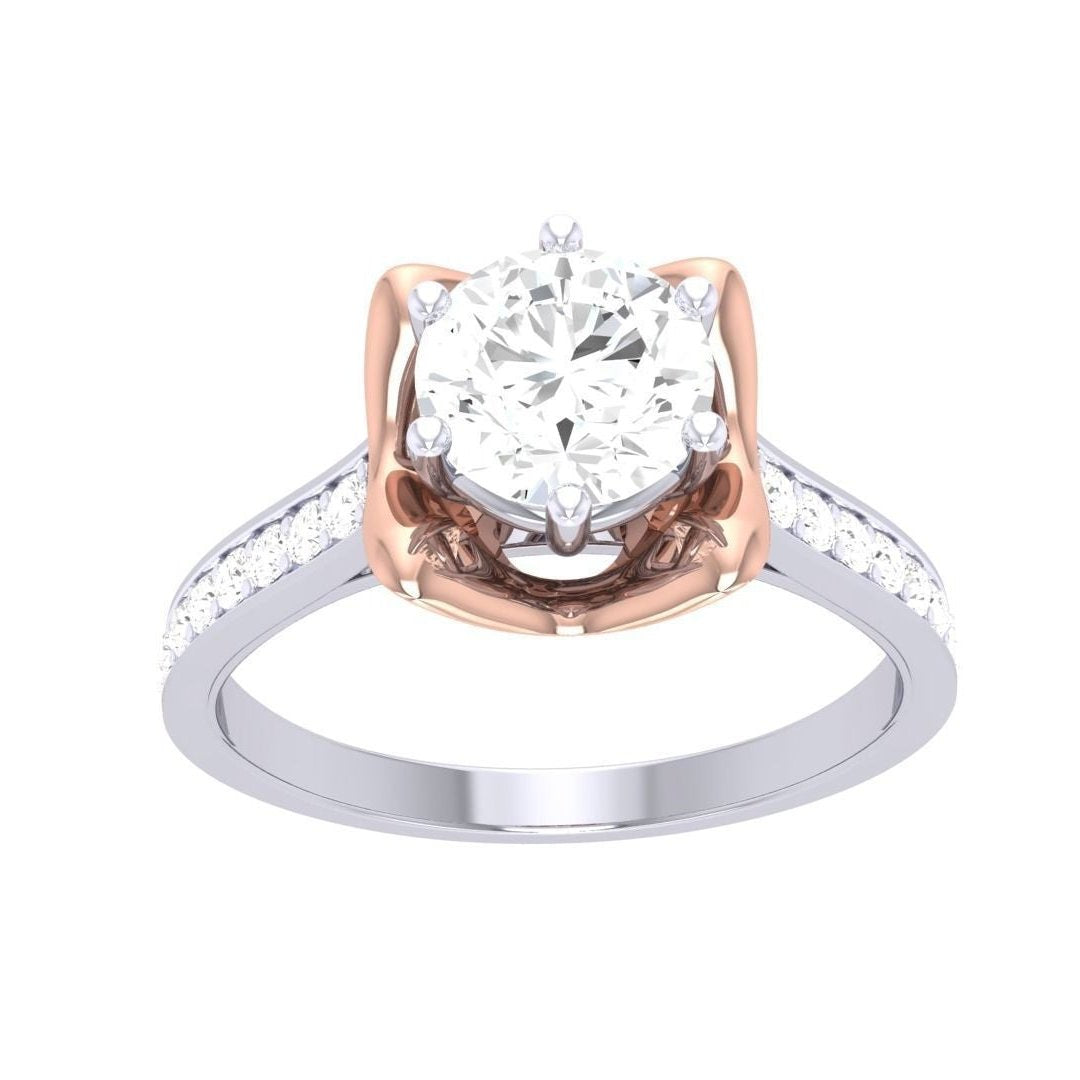 Elevate your style with the Lana Diamond Solitaire Ring by Niraa. This exquisite piece features a stunning round diamond in a rose gold prong setting, complemented by a white gold band embellished with smaller diamonds, and includes a diamond certificate for authenticity.