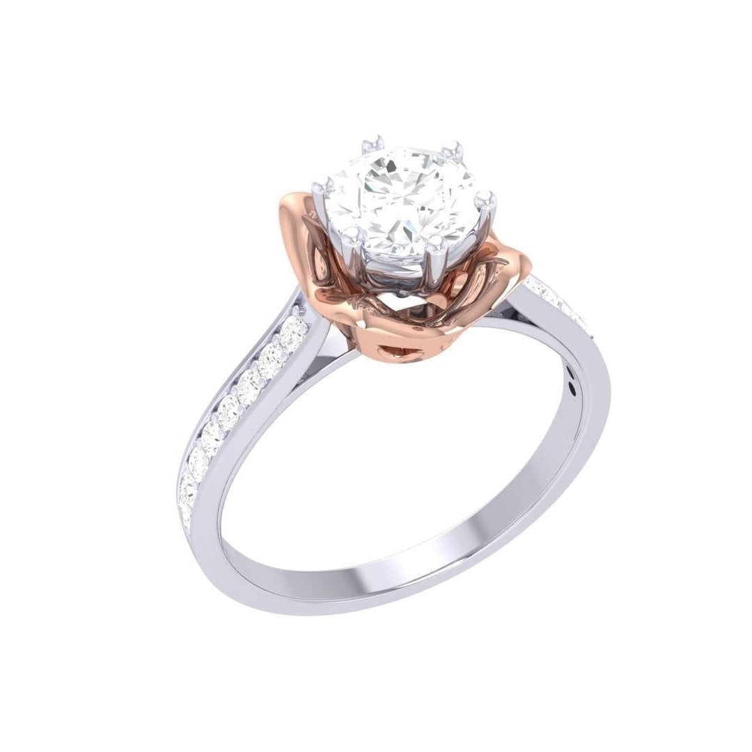 Elevate your style with the Lana Diamond Solitaire Ring by Niraa. This exquisite piece features a stunning round diamond in a rose gold prong setting, complemented by a white gold band embellished with smaller diamonds, and includes a diamond certificate for authenticity.