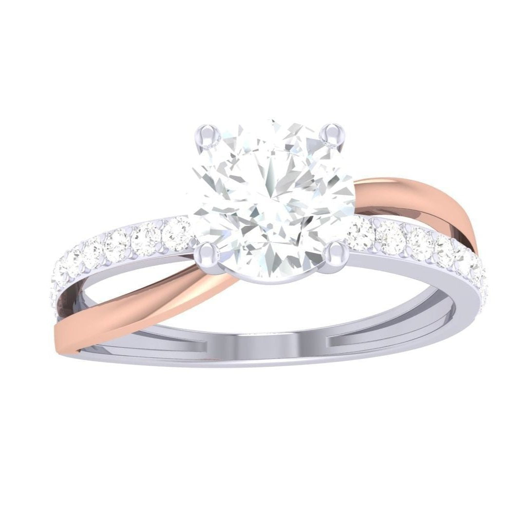 The Gabriella Diamond Solitaire Ring by Niraa features a stunning round-cut diamond. Its elegant twist design intertwines rose and white gold, with one side encrusted in shimmering diamonds, blending beauty with timeless elegance.