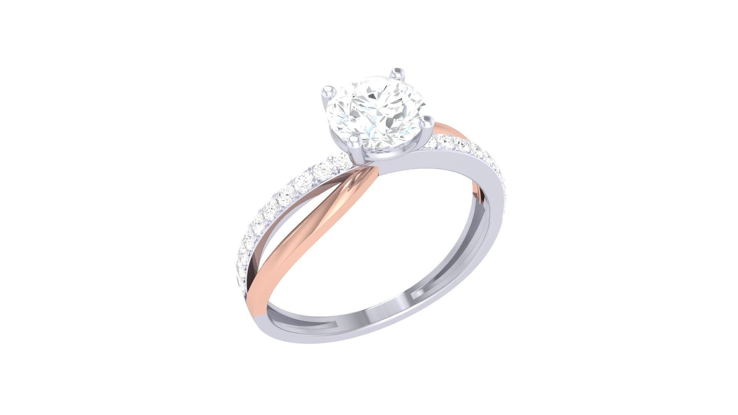 The Gabriella Diamond Solitaire Ring by Niraa features a stunning round-cut diamond. Its elegant twist design intertwines rose and white gold, with one side encrusted in shimmering diamonds, blending beauty with timeless elegance.