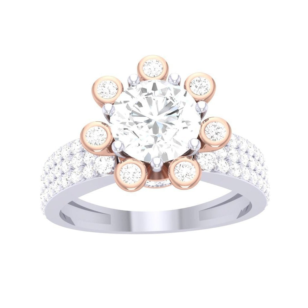 Introducing the Vega Diamond Solitaire Ring by Niraa: a masterpiece in gold and silver with a central round diamond, floral-patterned smaller diamonds, and an encrusted band. Complete with a diamond certificate for authenticity.