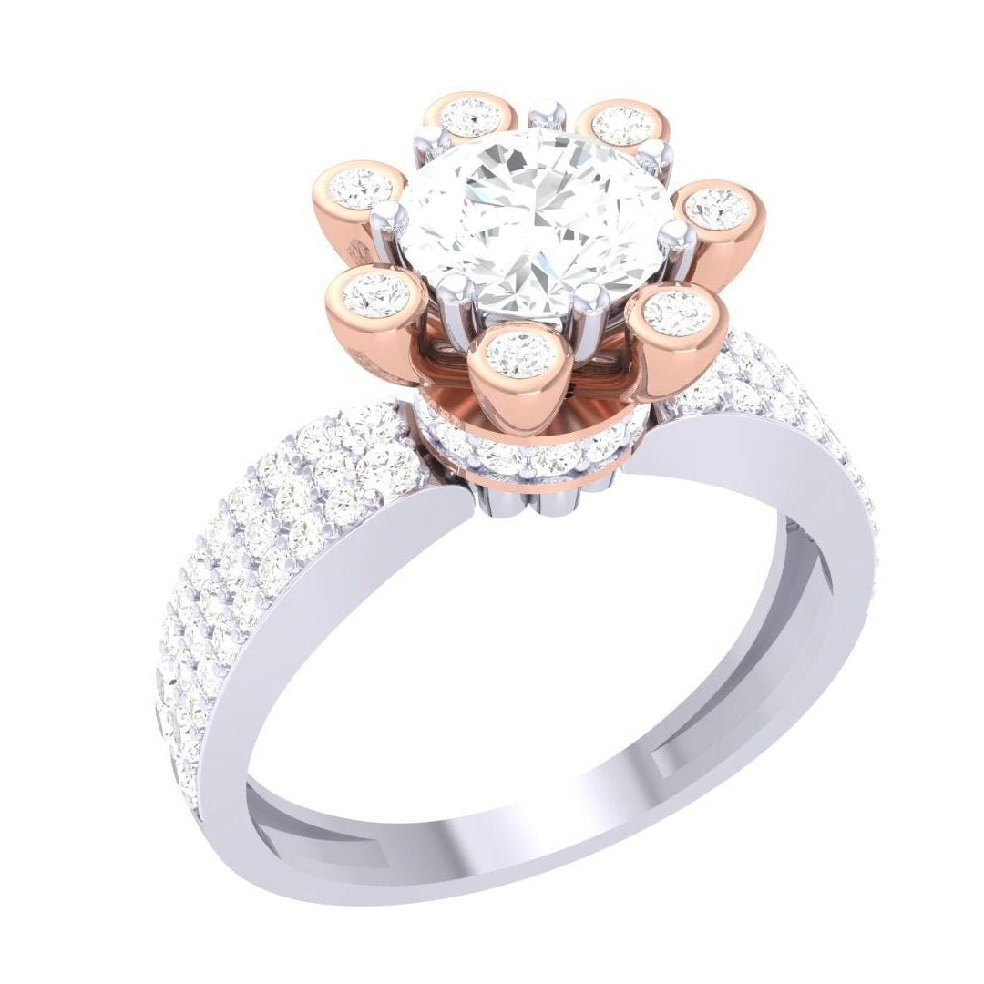 Introducing the Vega Diamond Solitaire Ring by Niraa: a masterpiece in gold and silver with a central round diamond, floral-patterned smaller diamonds, and an encrusted band. Complete with a diamond certificate for authenticity.