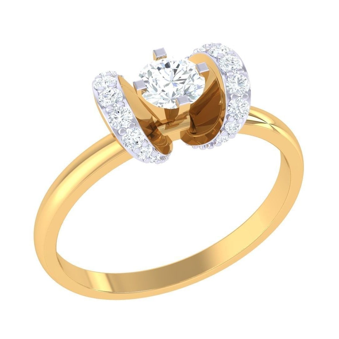 The Sitara Diamond Solitaire Ring by Niraa is a luxury accessory featuring a gold band with a central round diamond solitaire, enhanced by smaller diamonds along the split shank for an elegant sparkle.