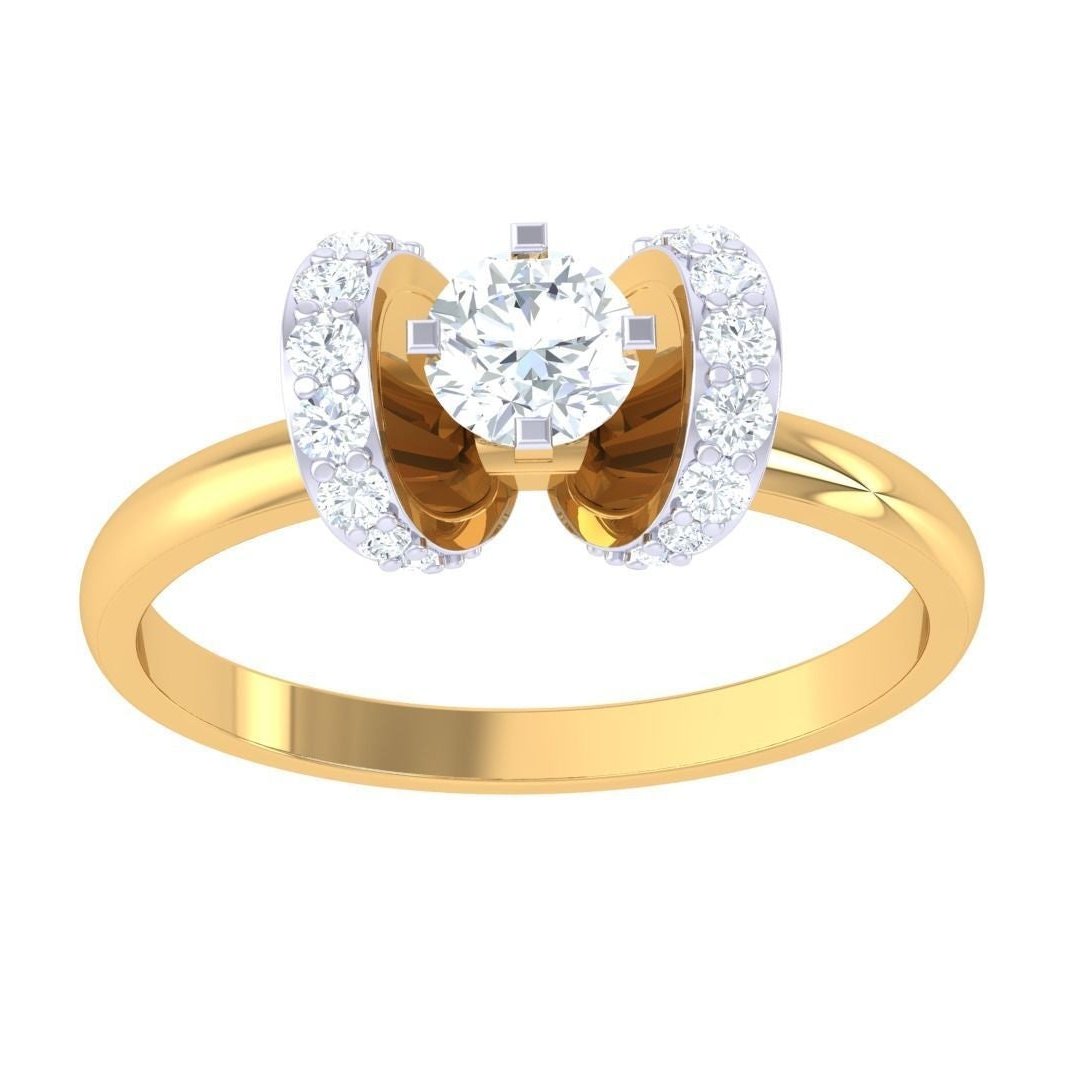 The Sitara Diamond Solitaire Ring by Niraa is a luxury accessory featuring a gold band with a central round diamond solitaire, enhanced by smaller diamonds along the split shank for an elegant sparkle.