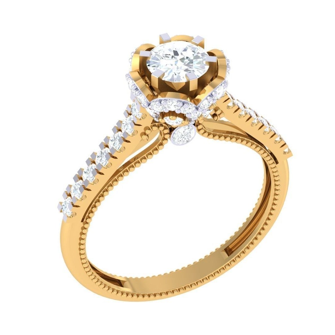 The Niraa Elara Diamond Solitaire Ring features a central round diamond with a halo and a diamond-studded band. This elegant luxury piece includes a diamond certificate, attesting to its exquisite quality.