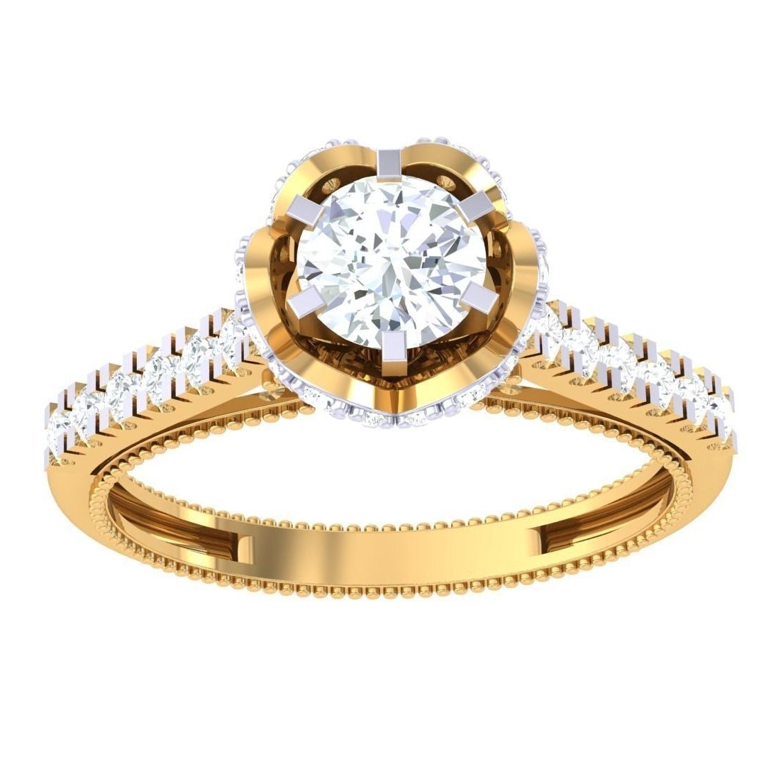 The Niraa Elara Diamond Solitaire Ring features a central round diamond with a halo and a diamond-studded band. This elegant luxury piece includes a diamond certificate, attesting to its exquisite quality.