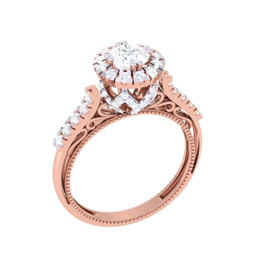 The Callisto Diamond Solitaire Ring by Niraa is a luxurious piece featuring a gold setting with a stunning central diamond surrounded by a halo of smaller stones. The intricately detailed band adorned with tiny diamonds offers an elegant appearance, making it an exquisite luxury jewelry item.