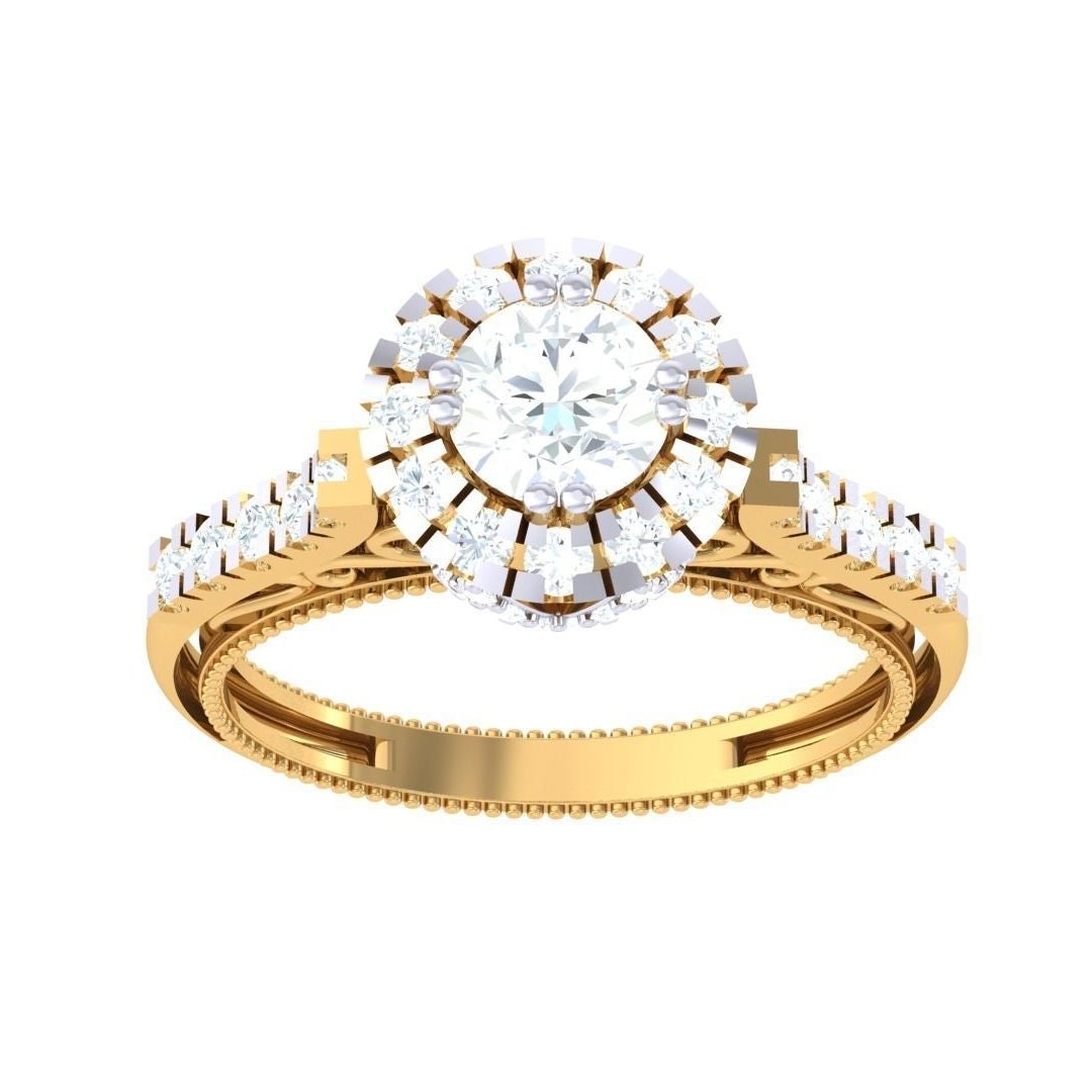 The Callisto Diamond Solitaire Ring by Niraa is a luxurious piece featuring a gold setting with a stunning central diamond surrounded by a halo of smaller stones. The intricately detailed band adorned with tiny diamonds offers an elegant appearance, making it an exquisite luxury jewelry item.
