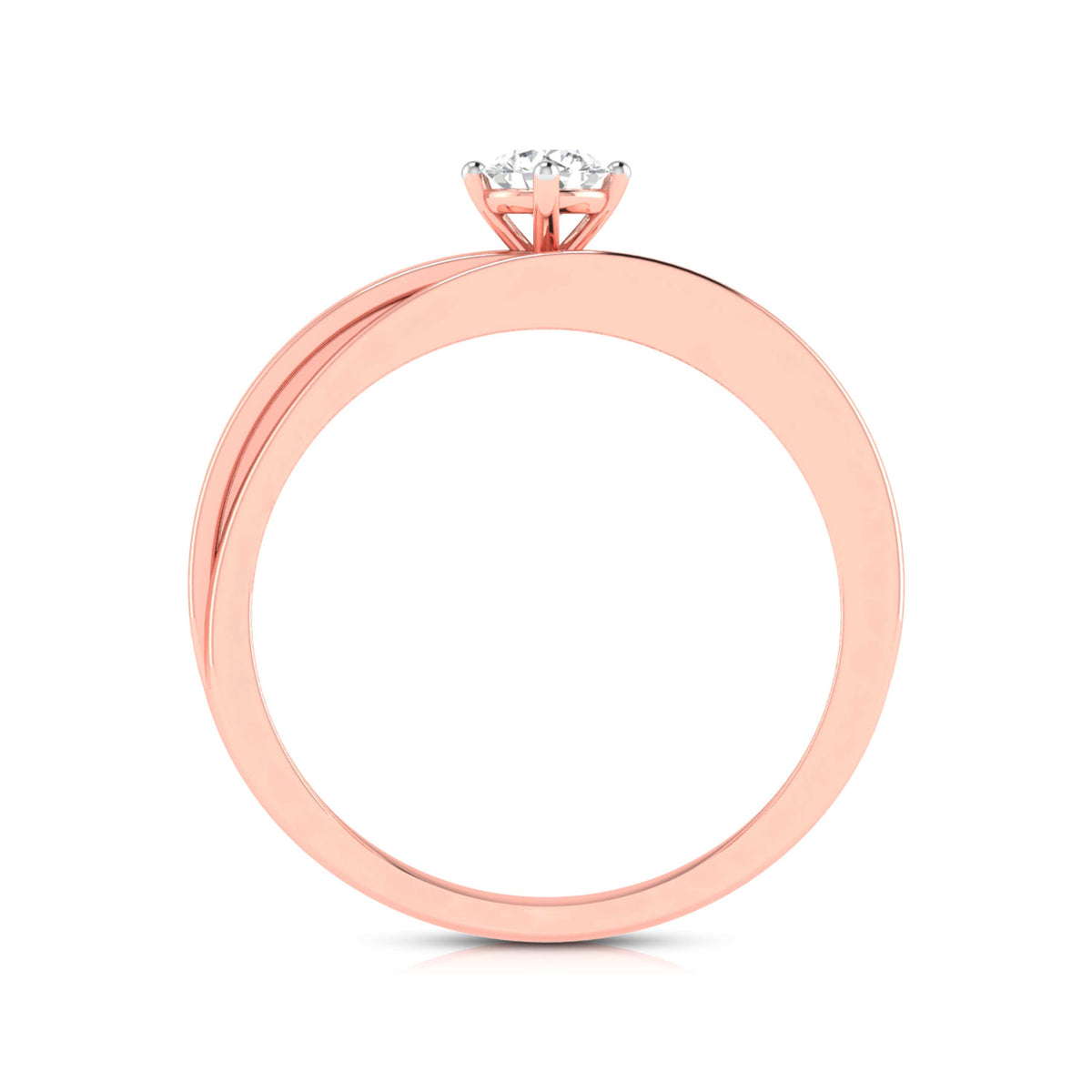 The Hailey Diamond Solitaire Ring by Niraa is a luxury rose gold engagement ring with a round, brilliant-cut diamond in a classic prong setting. Its polished band enhances the diamonds allure as it elegantly rests on a reflective surface.