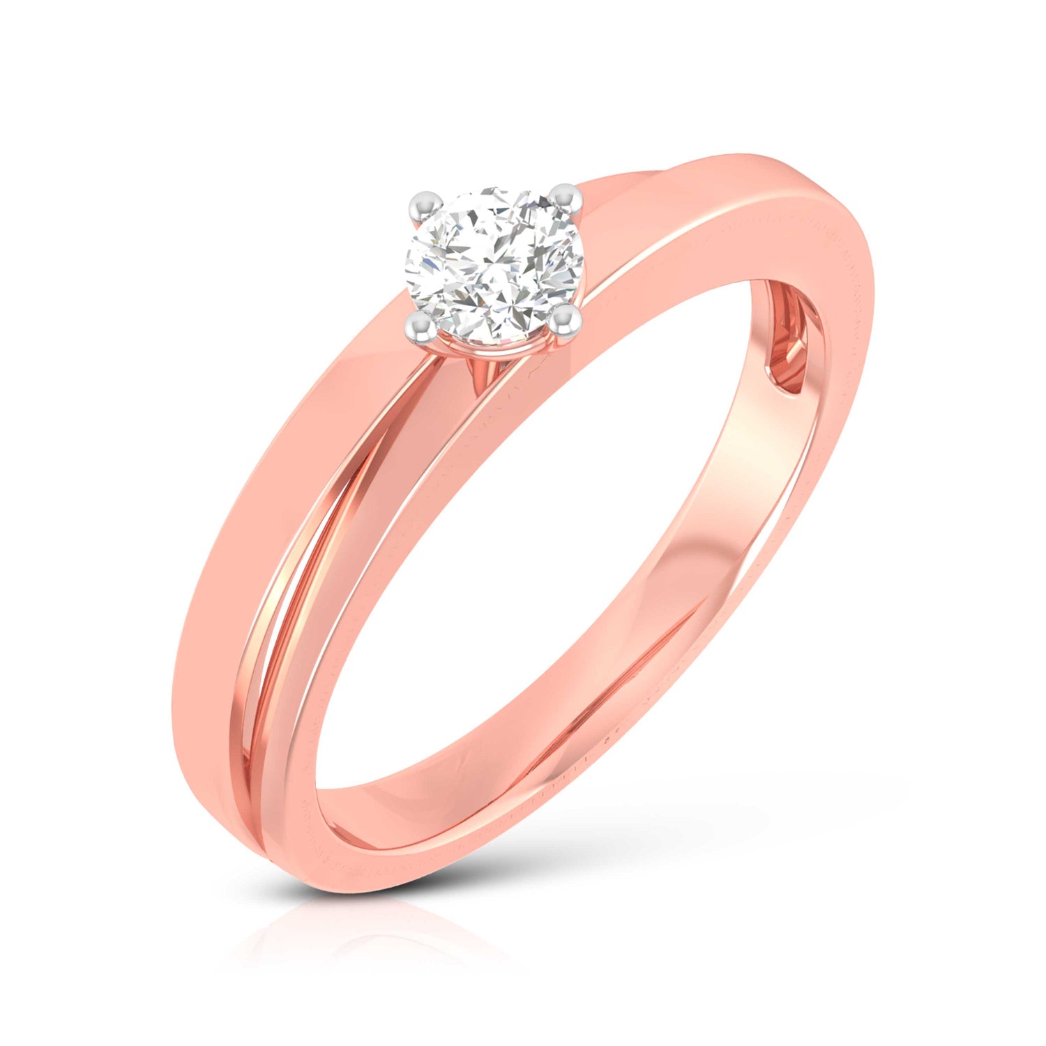 The Hailey Diamond Solitaire Ring by Niraa is a luxury rose gold engagement ring with a round, brilliant-cut diamond in a classic prong setting. Its polished band enhances the diamonds allure as it elegantly rests on a reflective surface.