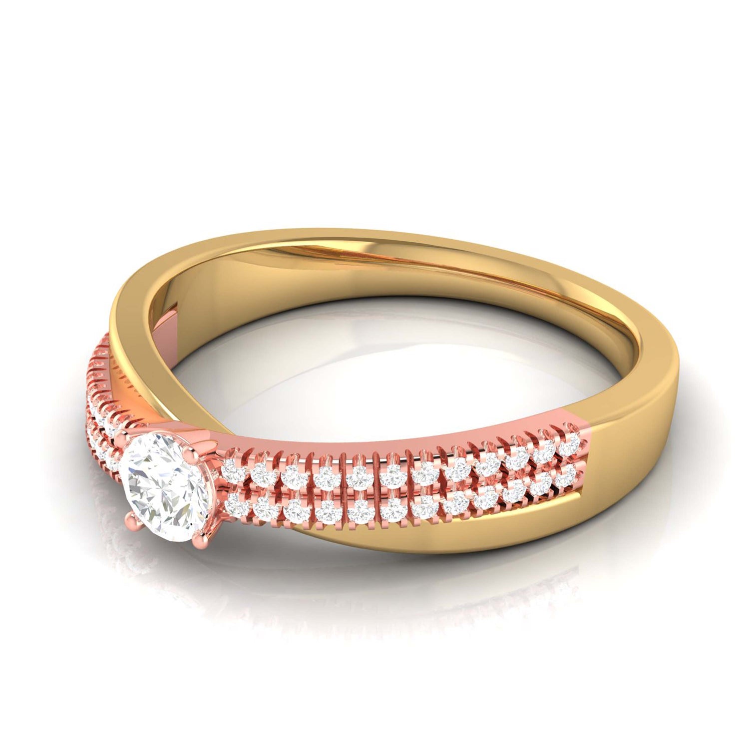 The Niraa Orion Diamond Solitaire Ring is a luxurious rose gold engagement ring with a central round diamond, flanked by two rows of smaller diamonds. Ideal for lovers of gold and diamonds.
