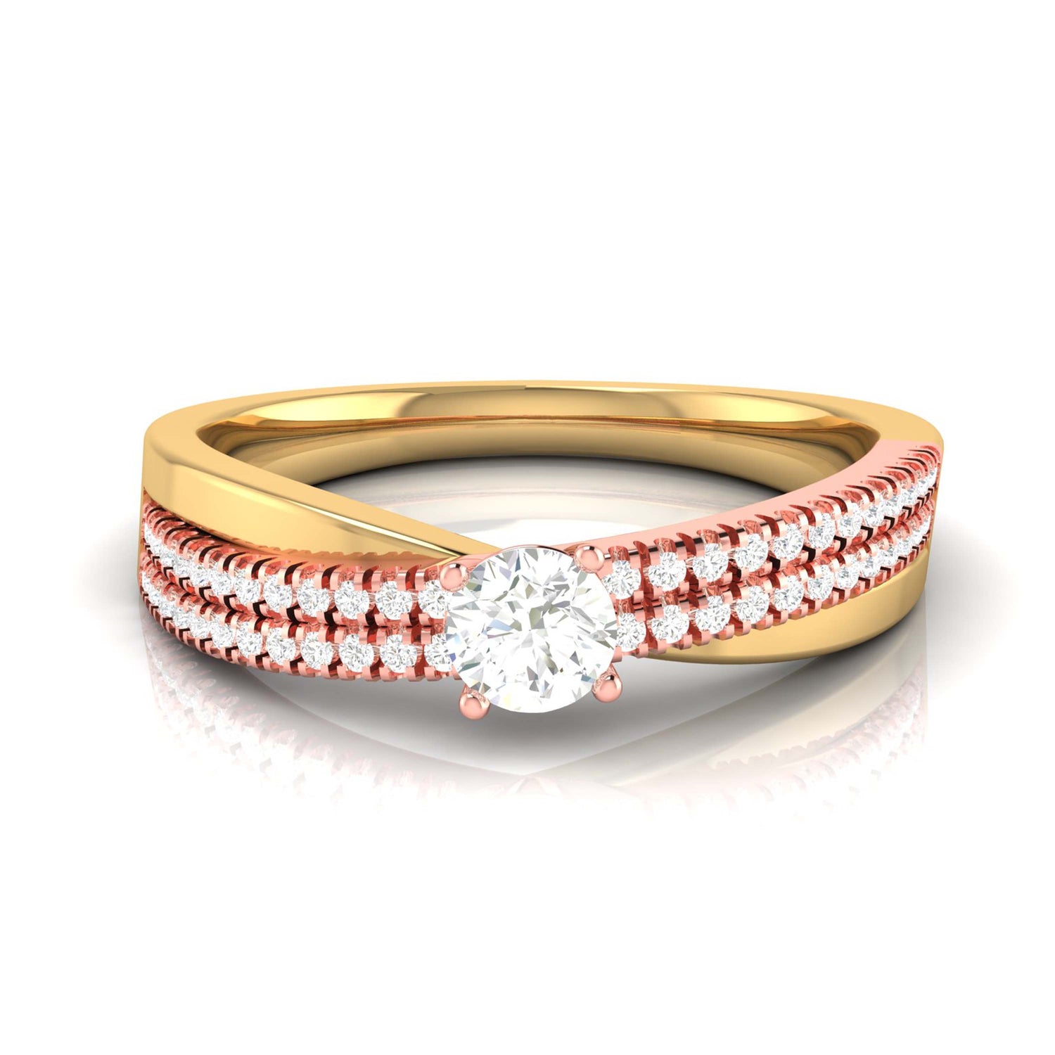 The Niraa Orion Diamond Solitaire Ring is a luxurious rose gold engagement ring with a central round diamond, flanked by two rows of smaller diamonds. Ideal for lovers of gold and diamonds.
