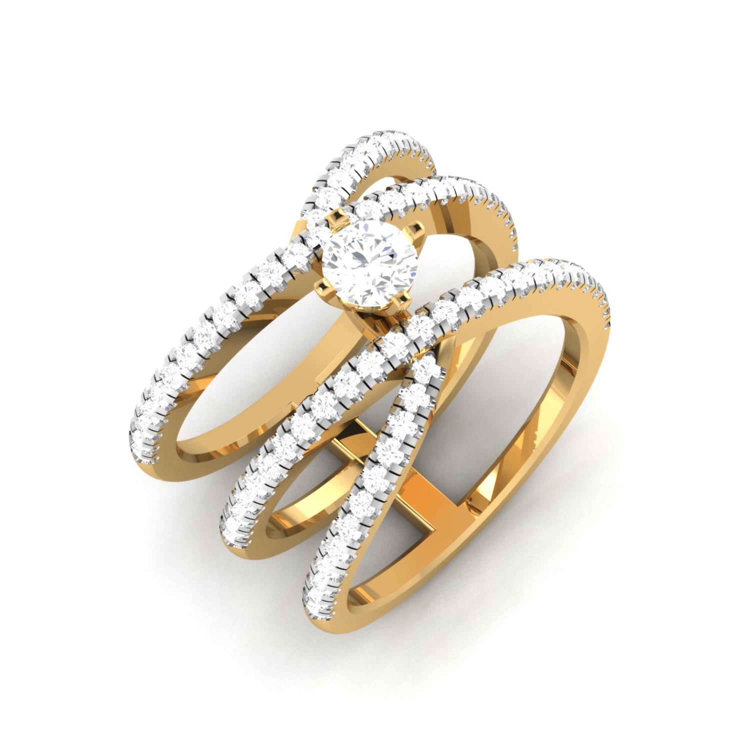 The Bianca Diamond Solitaire Ring by Niraa is a luxurious gold piece with three diamond-encrusted bands and a central round diamond. The design elegantly combines intricate luxury with a stylish, modern twist.