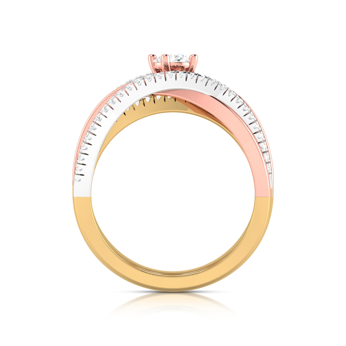 The Gaia Diamond Solitaire Ring by Niraa features tri-color rose, yellow, and white gold bands with a central round diamond. Each band is adorned with smaller diamonds for an exquisite layered, intertwined design that captivates the eye.