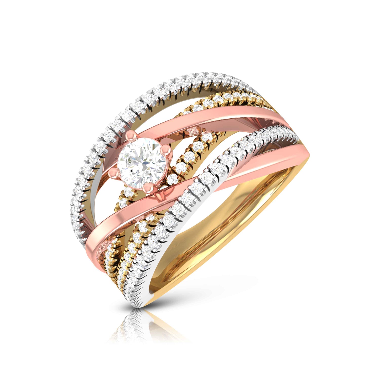 The Gaia Diamond Solitaire Ring by Niraa features tri-color rose, yellow, and white gold bands with a central round diamond. Each band is adorned with smaller diamonds for an exquisite layered, intertwined design that captivates the eye.