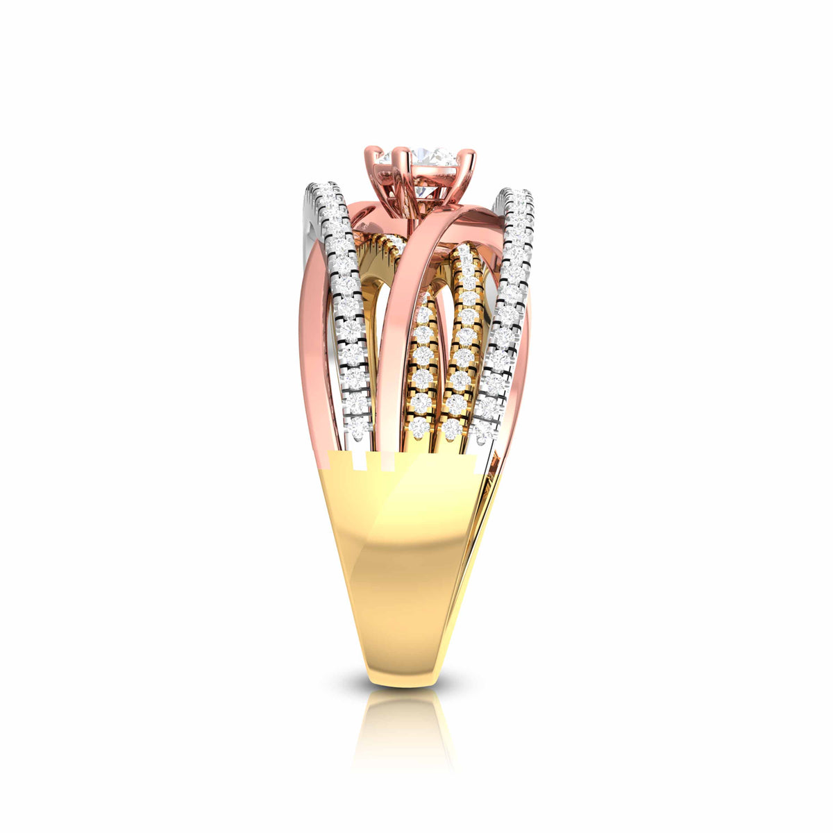 The Gaia Diamond Solitaire Ring by Niraa features tri-color rose, yellow, and white gold bands with a central round diamond. Each band is adorned with smaller diamonds for an exquisite layered, intertwined design that captivates the eye.
