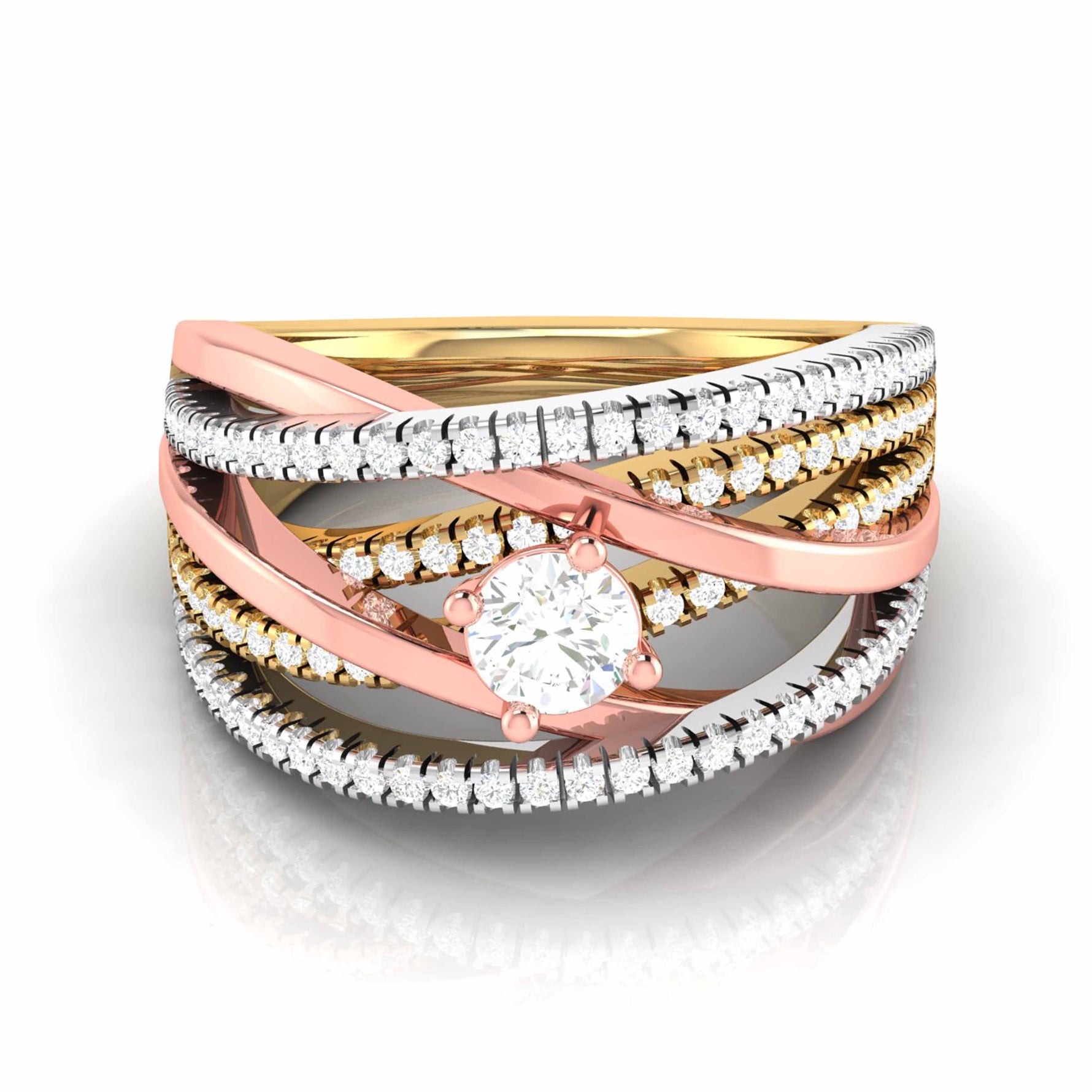 The Gaia Diamond Solitaire Ring by Niraa features tri-color rose, yellow, and white gold bands with a central round diamond. Each band is adorned with smaller diamonds for an exquisite layered, intertwined design that captivates the eye.