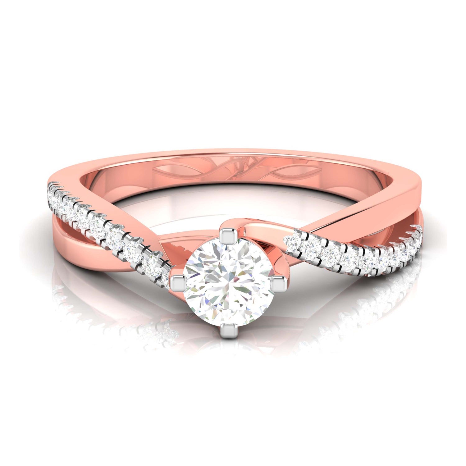 The Niraa Flora Diamond Solitaire Ring is a stunning gold engagement ring featuring a central round diamond. Its uniquely twisted band is encrusted with smaller diamonds, reflecting light beautifully, making it the ideal choice for those seeking elegance and brilliance.