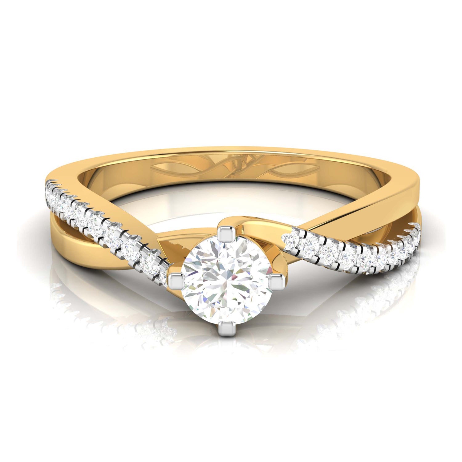 The Niraa Flora Diamond Solitaire Ring is a stunning gold engagement ring featuring a central round diamond. Its uniquely twisted band is encrusted with smaller diamonds, reflecting light beautifully, making it the ideal choice for those seeking elegance and brilliance.