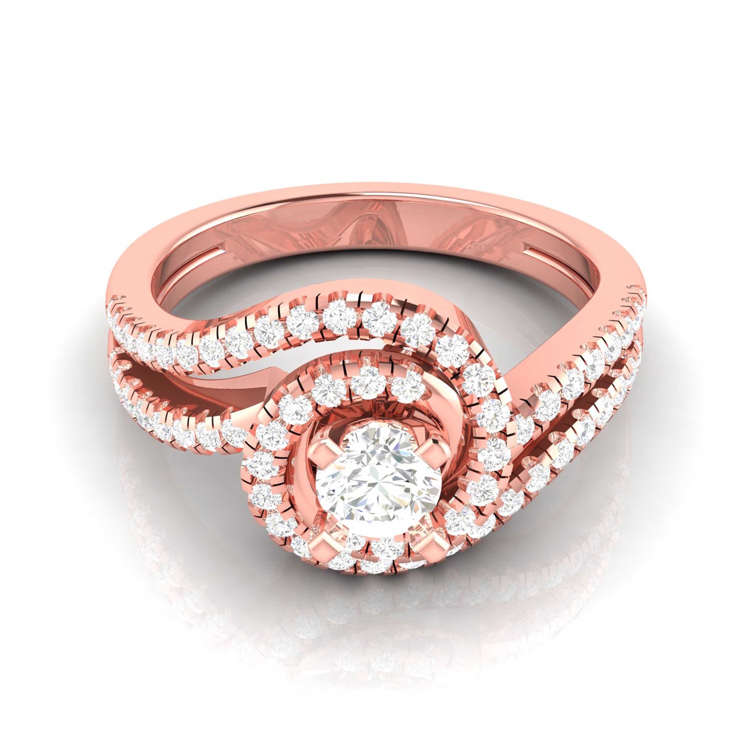 The Marina Diamond Solitaire Ring by Niraa showcases a bold central diamond encircled by smaller diamonds in a swirl, complemented by two rows of small diamonds on the band for an elegant and intricate look.