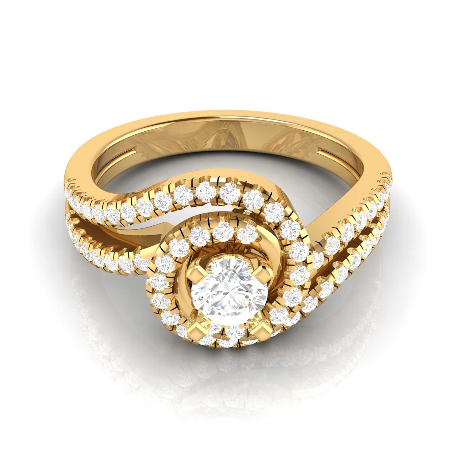 The Marina Diamond Solitaire Ring by Niraa showcases a bold central diamond encircled by smaller diamonds in a swirl, complemented by two rows of small diamonds on the band for an elegant and intricate look.