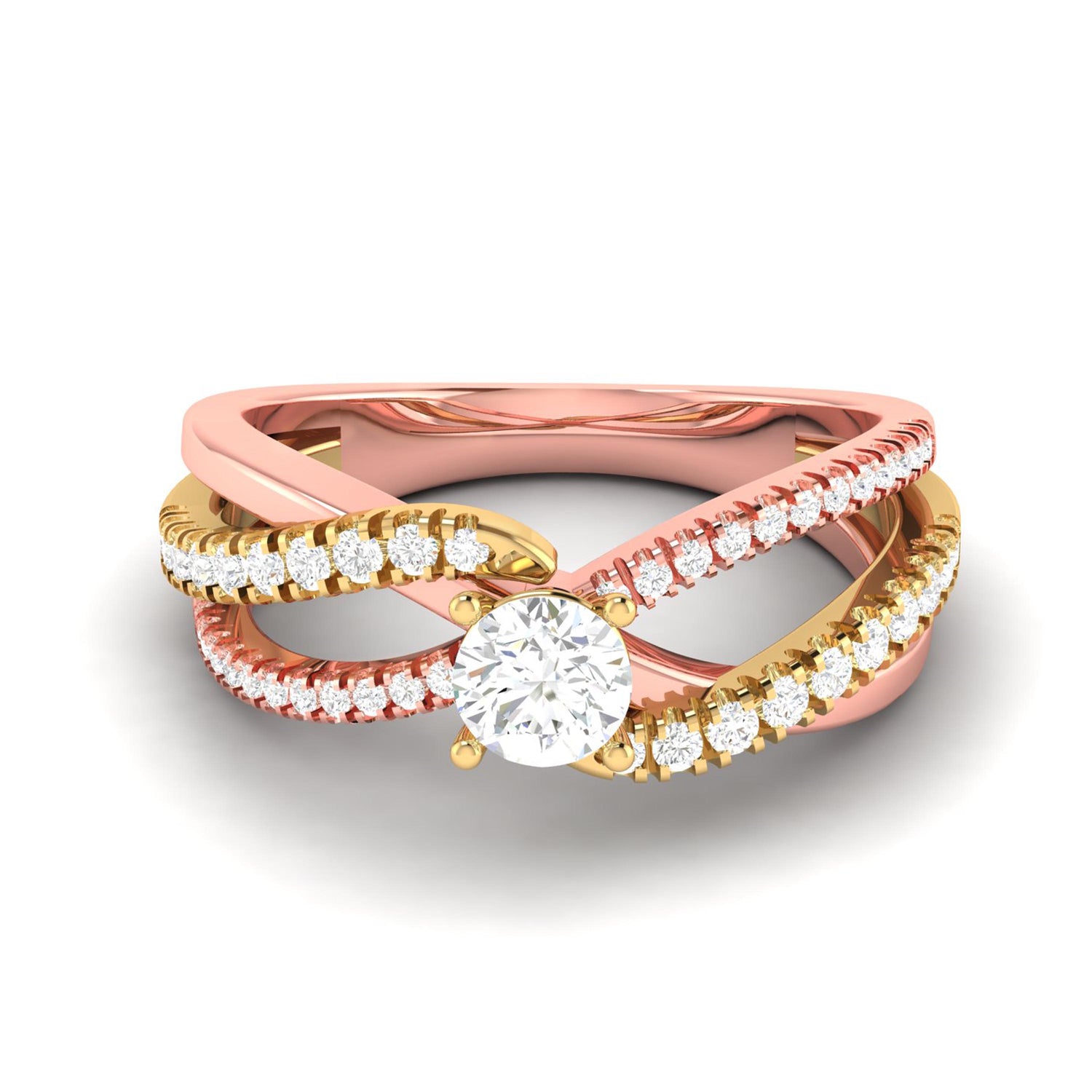 The Cassie Diamond Solitaire Ring by Niraa showcases a sophisticated crisscross design with intertwined rose gold and gold bands. A stunning round diamond centerpiece is elegantly framed by small white diamonds, projecting sheer elegance.
