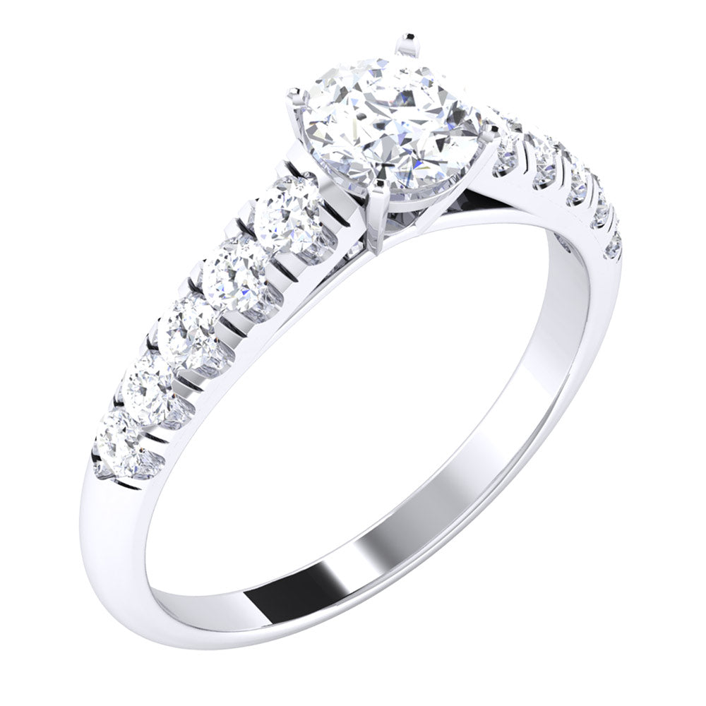 The Niraa Cosmia Diamond Solitaire Ring showcases a large round diamond centerpiece, elegantly flanked by smaller diamonds in a symmetrical pattern along the silver band, creating a timeless design.
