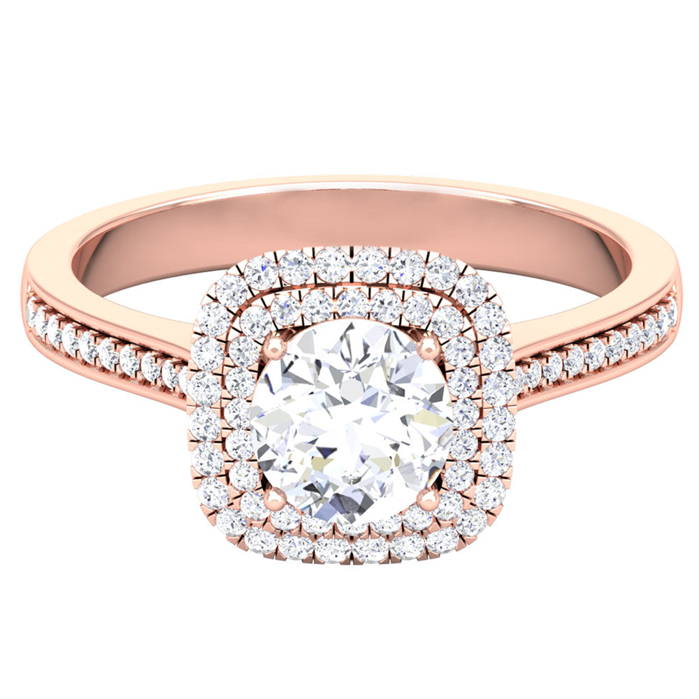 The Janet Diamond Solitaire Ring by Niraa is an exquisite rose gold engagement ring featuring a central round diamond encircled by a dazzling double halo of smaller diamonds, with a row of shimmering diamonds on each side of the band, enhancing its luxurious and elegant allure.