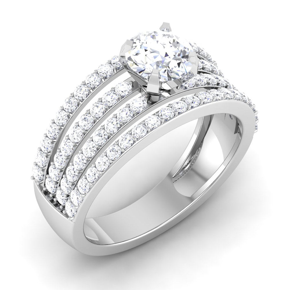 The Diana Diamond Solitaire Ring by Niraa is a captivating silver ring featuring a large round diamond at the center and an intricate design with multiple rows of smaller sparkling diamonds.
