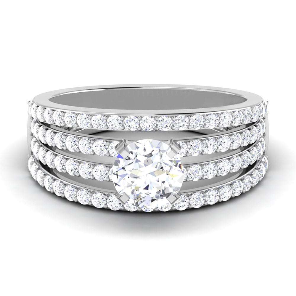 The Diana Diamond Solitaire Ring by Niraa is a captivating silver ring featuring a large round diamond at the center and an intricate design with multiple rows of smaller sparkling diamonds.