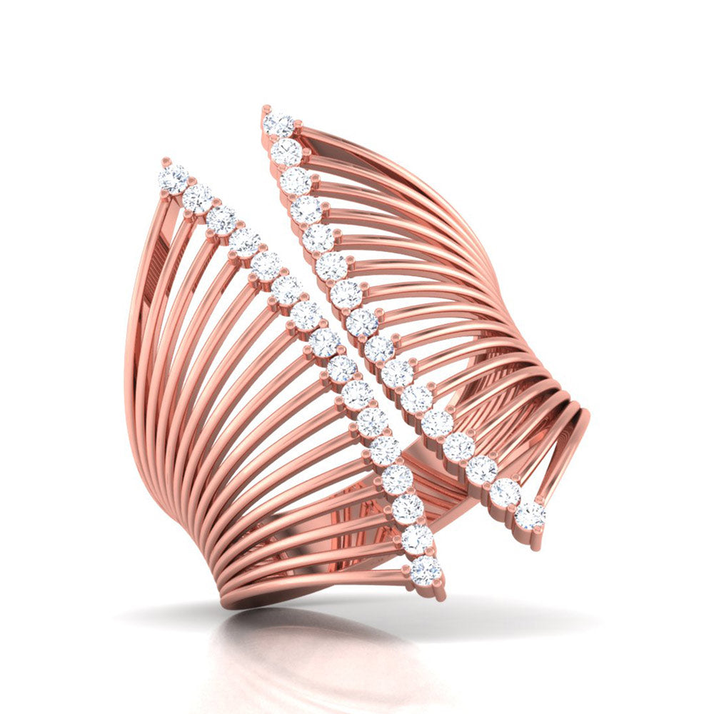Introducing Niraas Lily Diamond Ladies Ring, a rose gold beauty with intersecting delicate metal strands. Each band sparkles with diamonds, offering modern elegance and comes with a diamond certificate for assurance.
