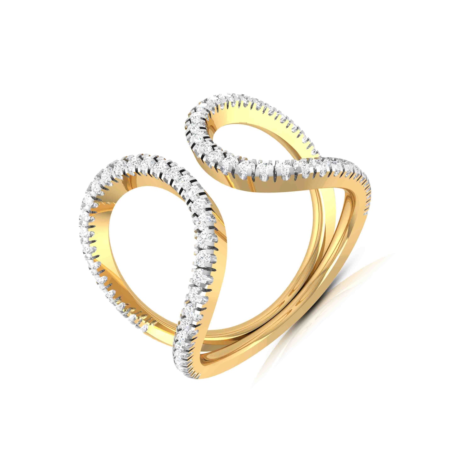 The Ariel Diamond Ladies Ring by Niraa is a luxurious gold accessory with a modern open-loop design resembling a twisted infinity symbol. Its band sparkles with small diamonds on the outer edges, creating an eye-catching contrast with the brilliant gold.