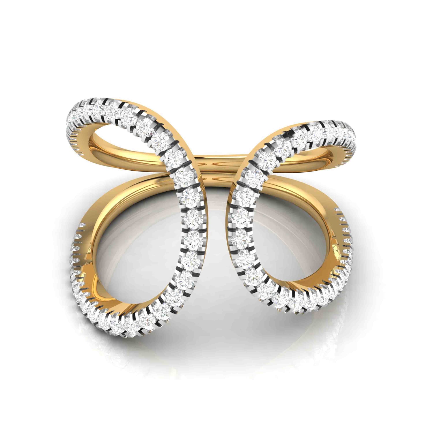The Ariel Diamond Ladies Ring by Niraa is a luxurious gold accessory with a modern open-loop design resembling a twisted infinity symbol. Its band sparkles with small diamonds on the outer edges, creating an eye-catching contrast with the brilliant gold.