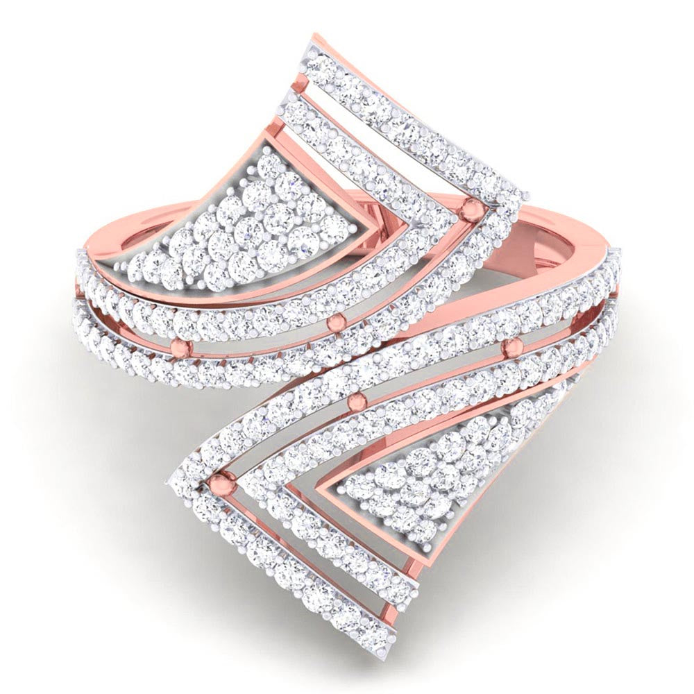 The Niraa Aster Diamond Ladies Ring features a sophisticated angular design with small diamonds arranged in triangular patterns, creating a luxurious and modern appearance.