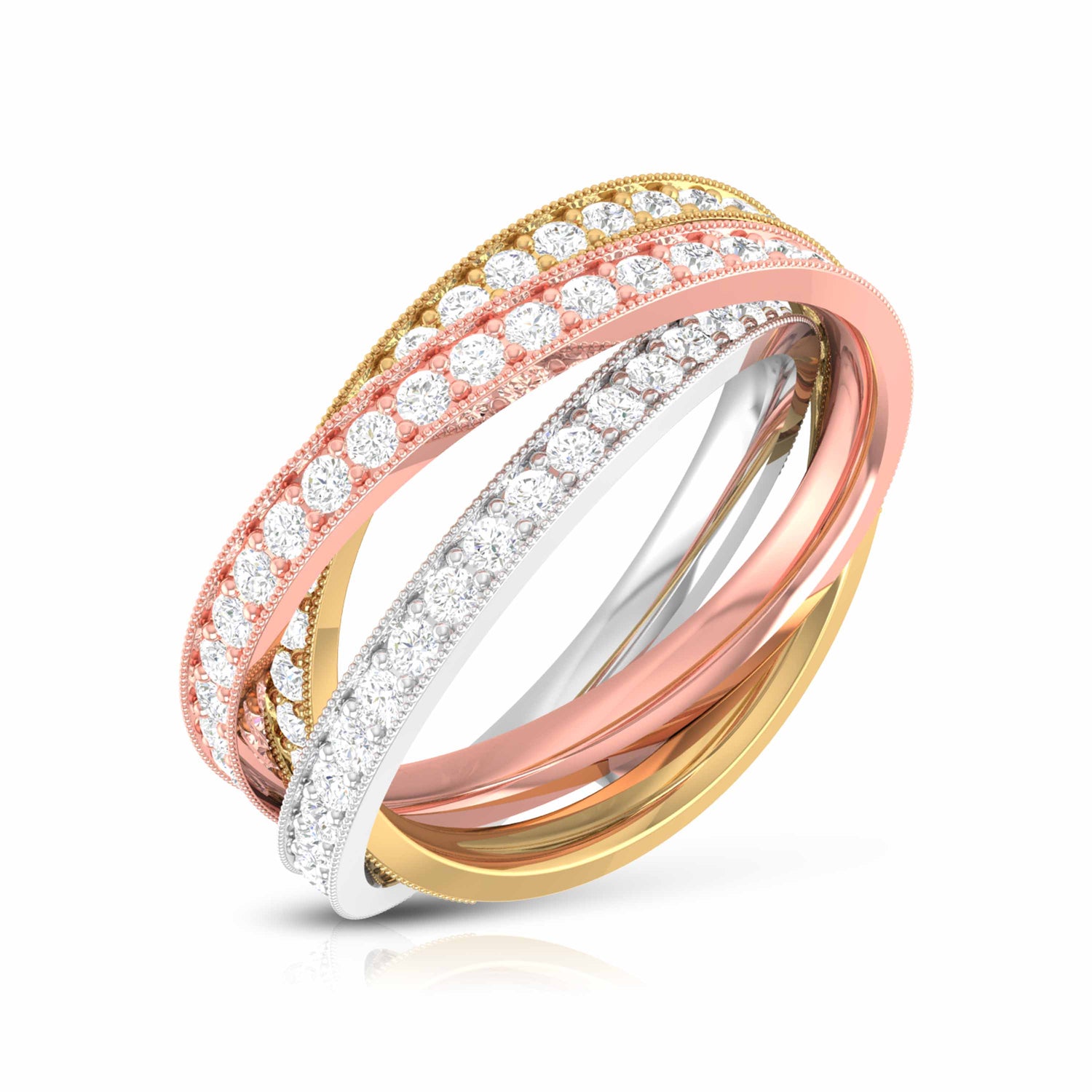 The Anastasia Diamond Ladies Ring from Niraa is a luxury trinity accessory featuring intertwined bands. Adorned with dazzling diamonds, the trio includes white gold, rose gold, and yellow gold bands, exuding elegance and sophistication.
