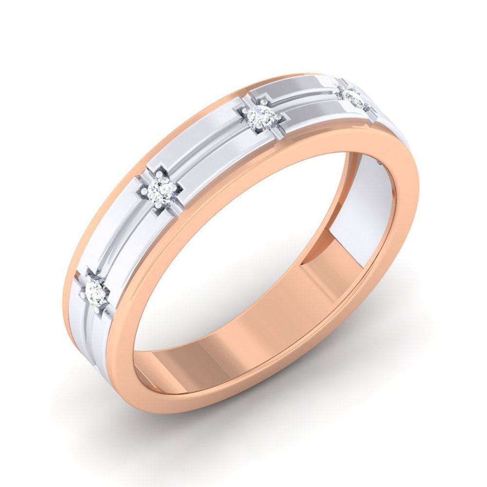 The Niraa Katniss Diamond Ladies Ring embodies modern elegance with a rose gold band and round diamonds in a geometric design, featuring alternating rose gold and silver-toned sections, plus a diamond certificate for authenticity.