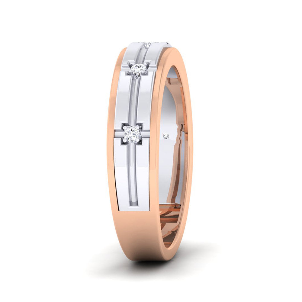 The Niraa Katniss Diamond Ladies Ring embodies modern elegance with a rose gold band and round diamonds in a geometric design, featuring alternating rose gold and silver-toned sections, plus a diamond certificate for authenticity.