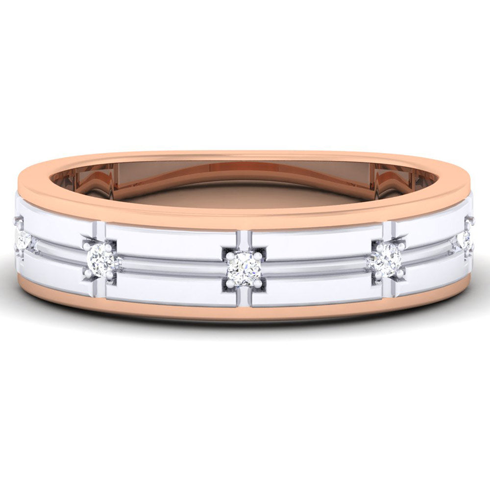 The Niraa Katniss Diamond Ladies Ring embodies modern elegance with a rose gold band and round diamonds in a geometric design, featuring alternating rose gold and silver-toned sections, plus a diamond certificate for authenticity.