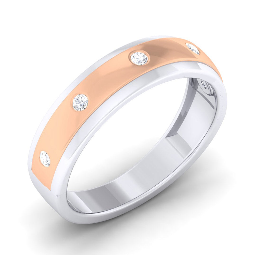 The Maeve Diamond Ladies Ring by Niraa features a captivating two-tone design with a rose gold outer band adorned with round diamonds and a silver inner band, beautifully displayed on a white background.