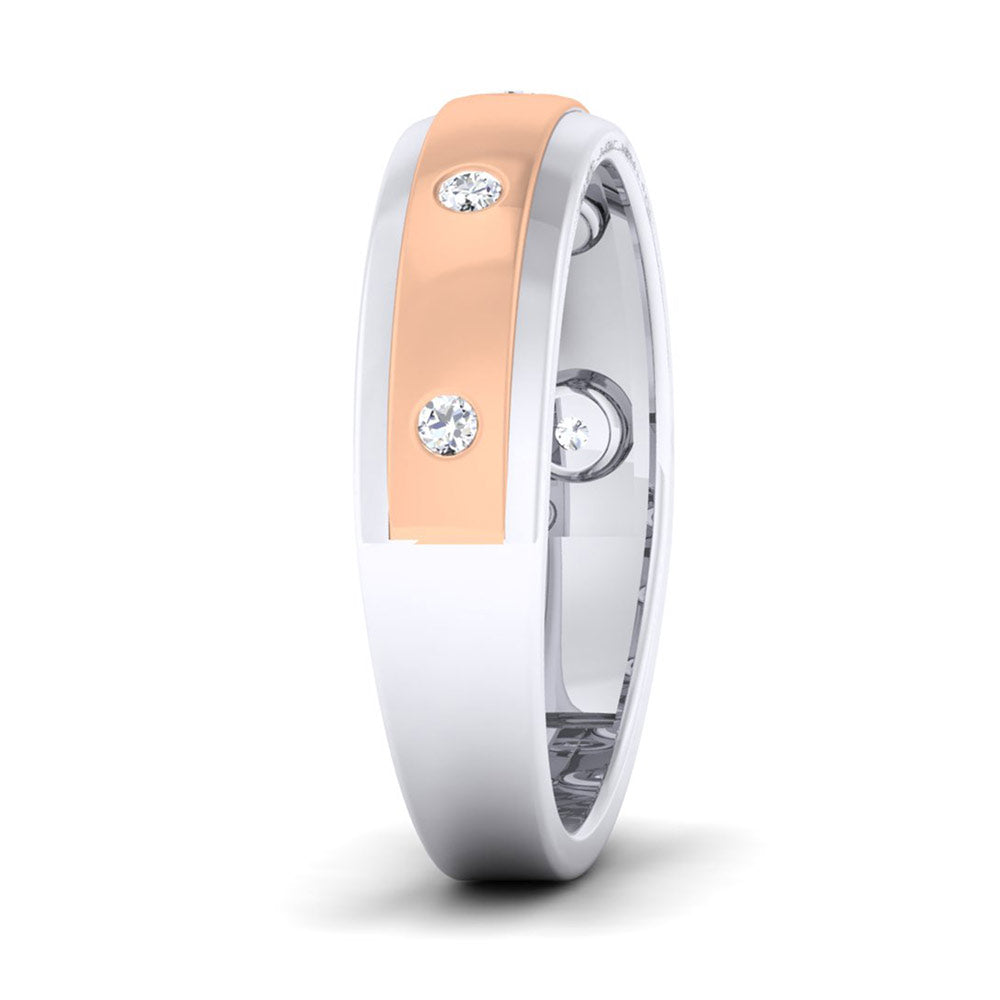 The Maeve Diamond Ladies Ring by Niraa features a captivating two-tone design with a rose gold outer band adorned with round diamonds and a silver inner band, beautifully displayed on a white background.