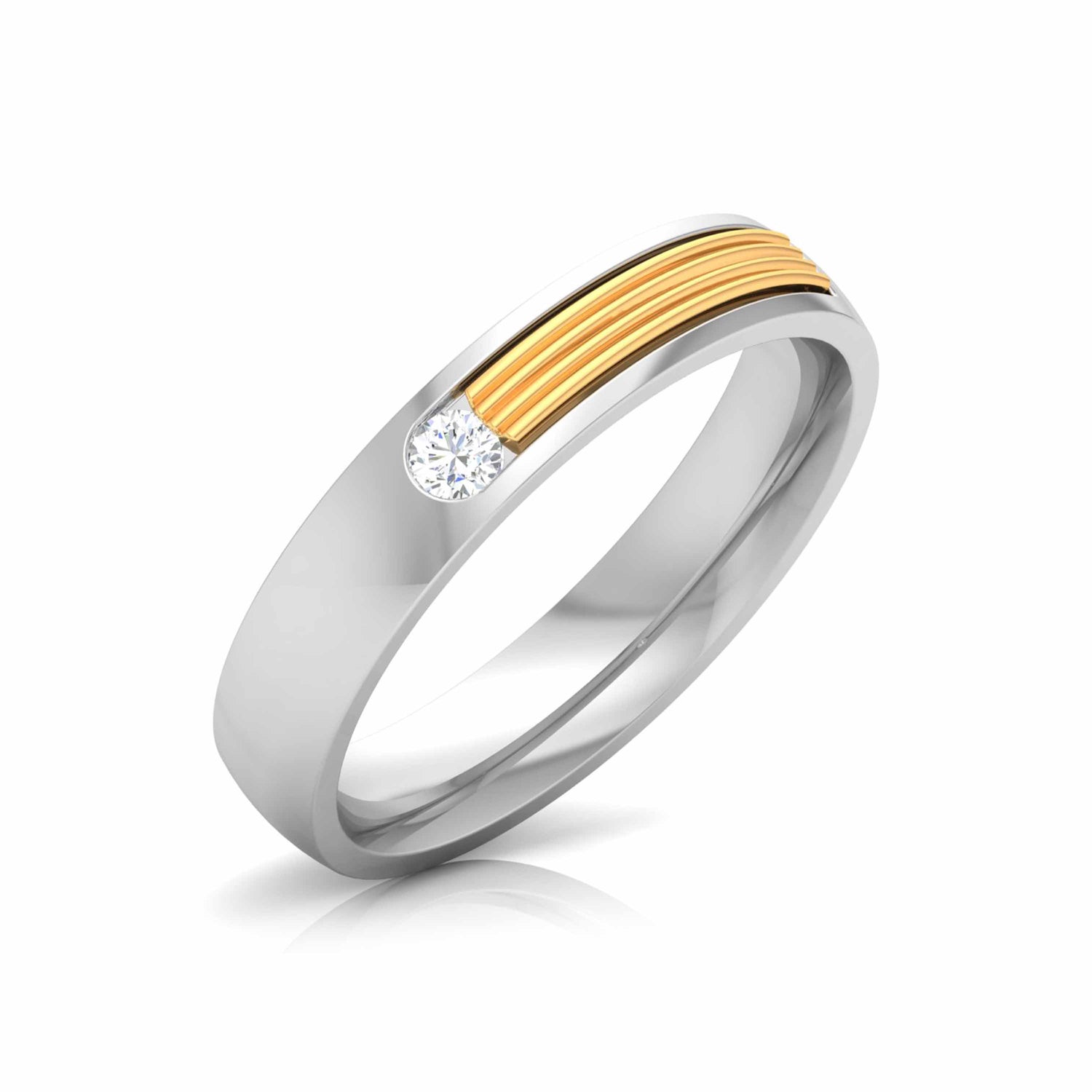 Displayed against a white background, two Irene Diamond Ladies Rings by Niraa feature sleek gold accents and small diamonds. The polished finish subtly reflects light, with one ring leaning against the other to highlight their modern design.