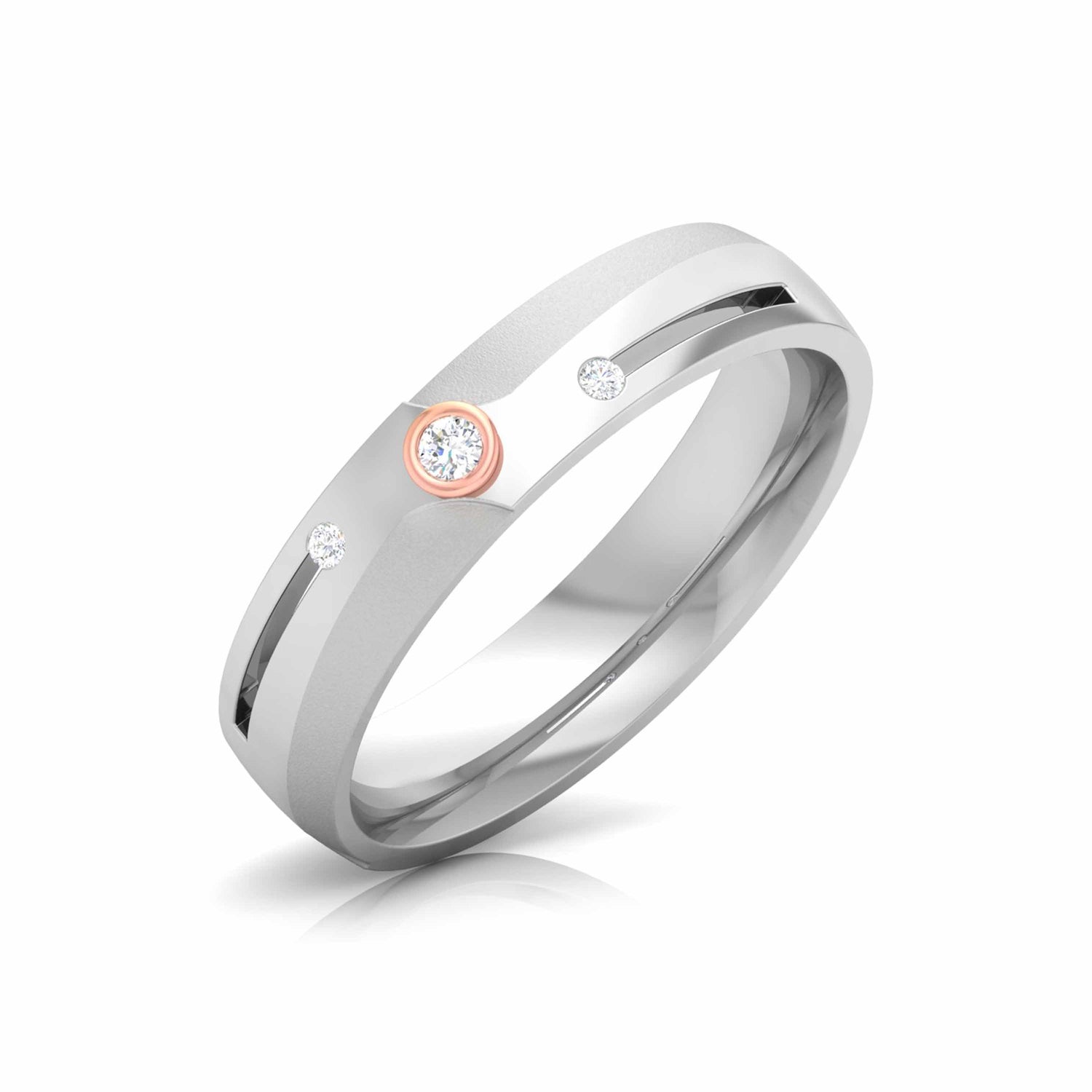 The exquisite Leah Diamond Ladies Rings by Niraa feature luxurious silver bands with a single small diamond set in rose gold accents, elegantly displayed side by side against a pristine white background.