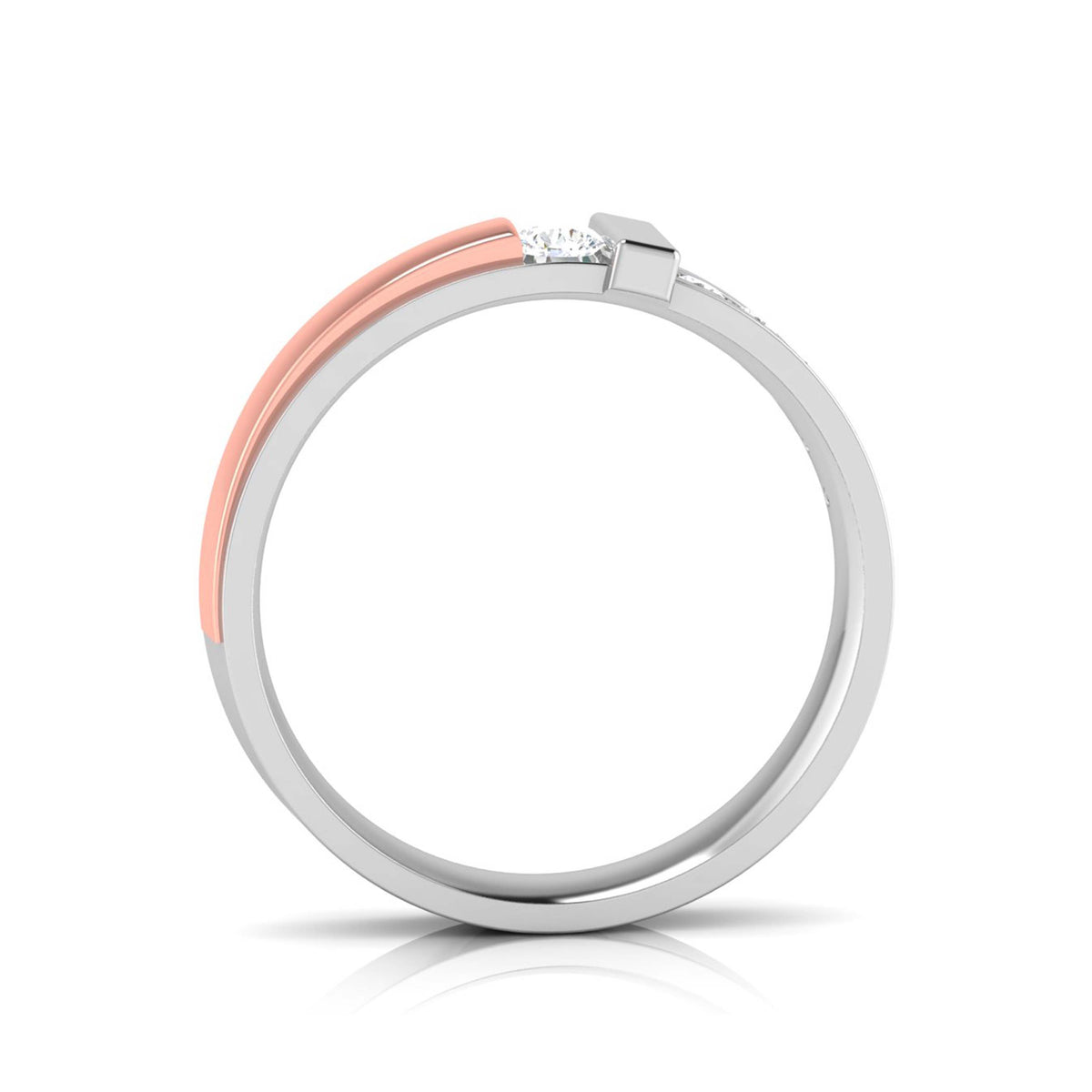 Discover the Siena Diamond Solitaire Ring by Niraa: A stunning two-tone design featuring a gold band on the left and silver on the right, both detailed with dazzling diamonds. The certified central round diamond shines brilliantly, complemented by smaller stones that reflect light beautifully.