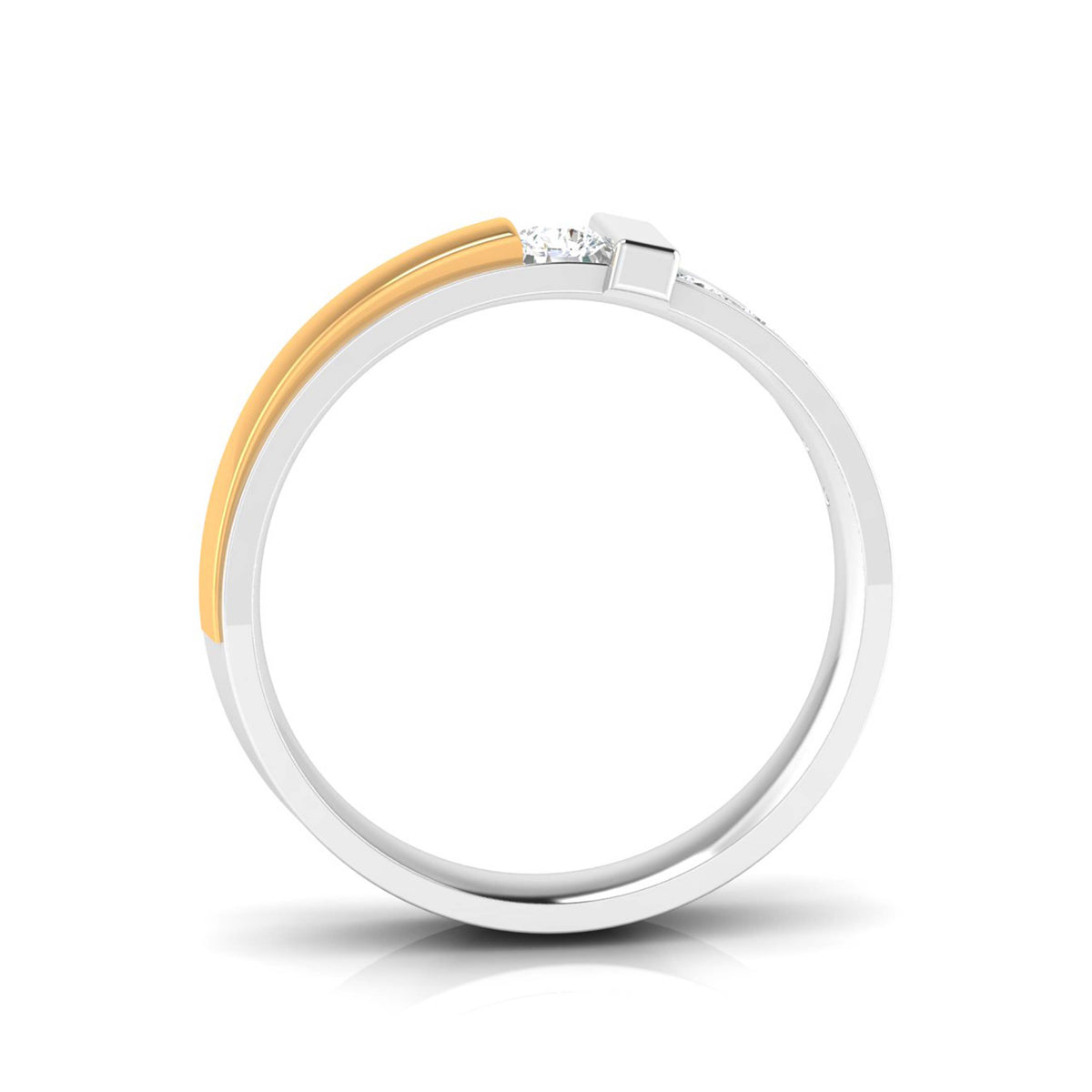 Discover the Siena Diamond Solitaire Ring by Niraa: A stunning two-tone design featuring a gold band on the left and silver on the right, both detailed with dazzling diamonds. The certified central round diamond shines brilliantly, complemented by smaller stones that reflect light beautifully.