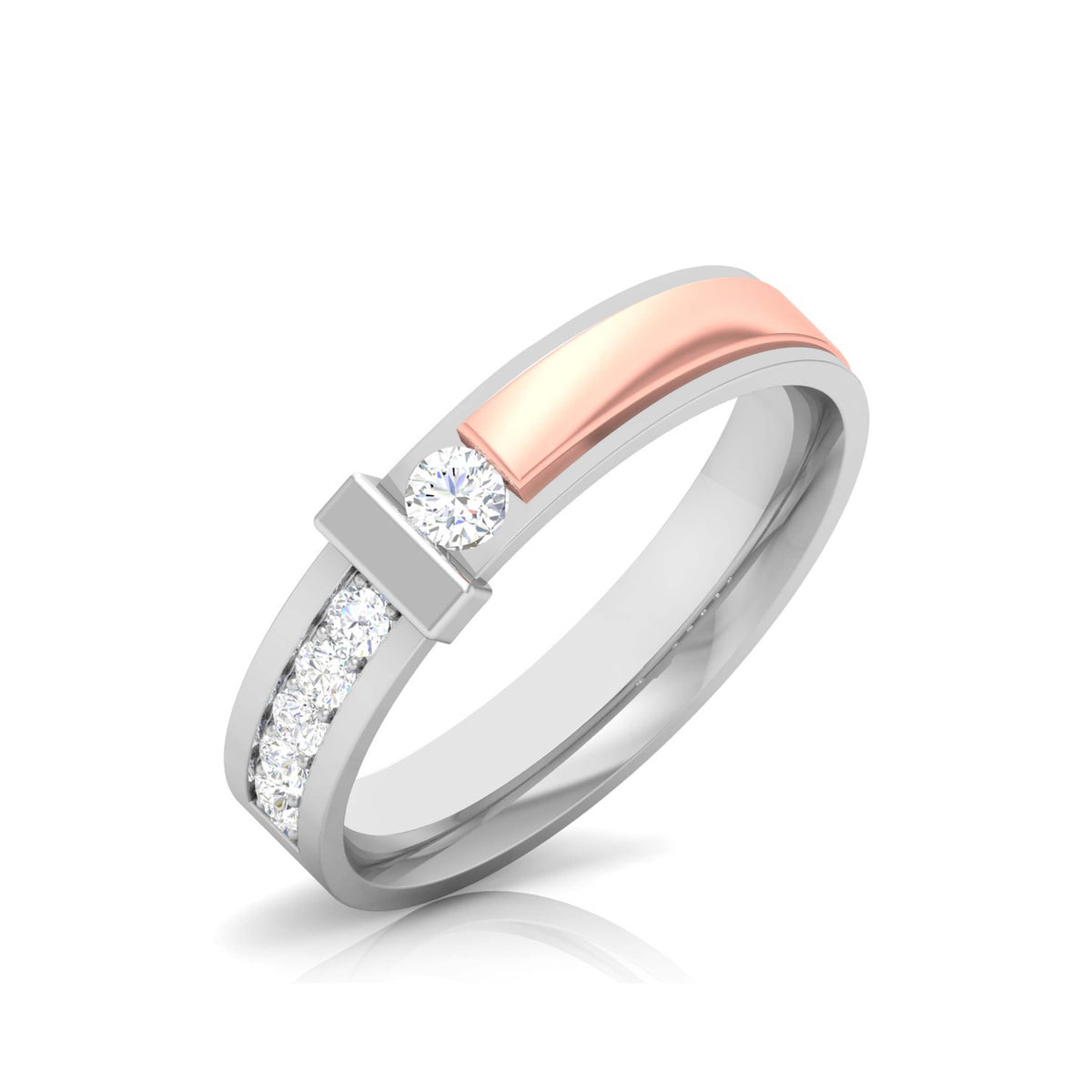 Discover the Siena Diamond Solitaire Ring by Niraa: A stunning two-tone design featuring a gold band on the left and silver on the right, both detailed with dazzling diamonds. The certified central round diamond shines brilliantly, complemented by smaller stones that reflect light beautifully.