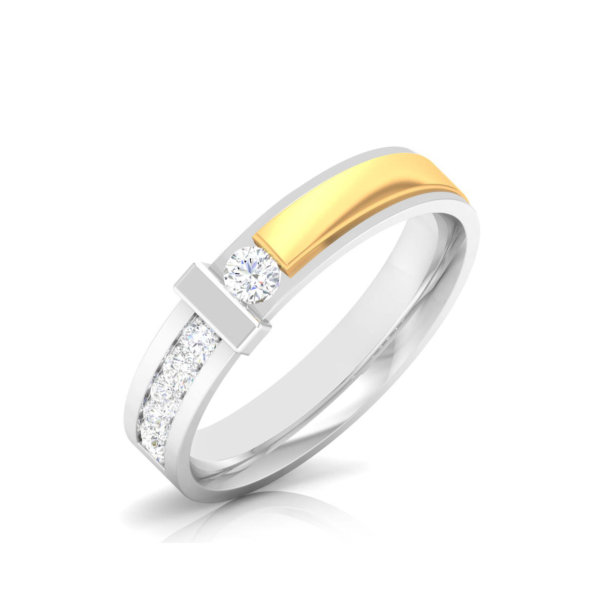 Discover the Siena Diamond Solitaire Ring by Niraa: A stunning two-tone design featuring a gold band on the left and silver on the right, both detailed with dazzling diamonds. The certified central round diamond shines brilliantly, complemented by smaller stones that reflect light beautifully.