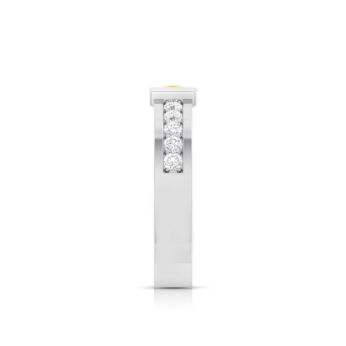 Discover the Siena Diamond Solitaire Ring by Niraa: A stunning two-tone design featuring a gold band on the left and silver on the right, both detailed with dazzling diamonds. The certified central round diamond shines brilliantly, complemented by smaller stones that reflect light beautifully.