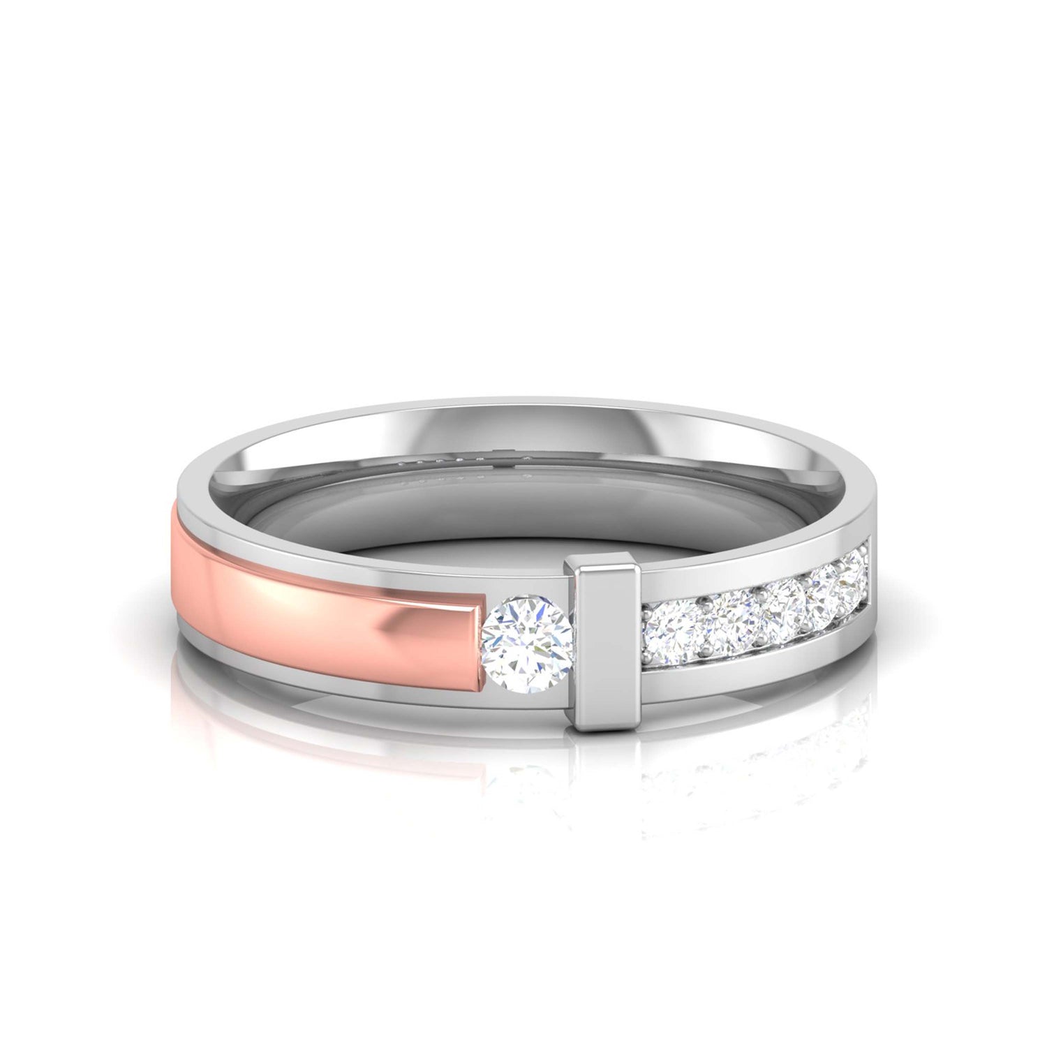 Discover the Siena Diamond Solitaire Ring by Niraa: A stunning two-tone design featuring a gold band on the left and silver on the right, both detailed with dazzling diamonds. The certified central round diamond shines brilliantly, complemented by smaller stones that reflect light beautifully.